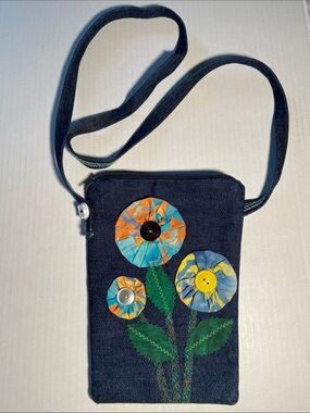 Handcrafted Denim Crossbody Bag with Lollipop Flower Details NWOT